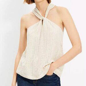 Beige Crochet Keyhole Halter Top, Racerback, Relaxed Size Medium from LOFT Lined